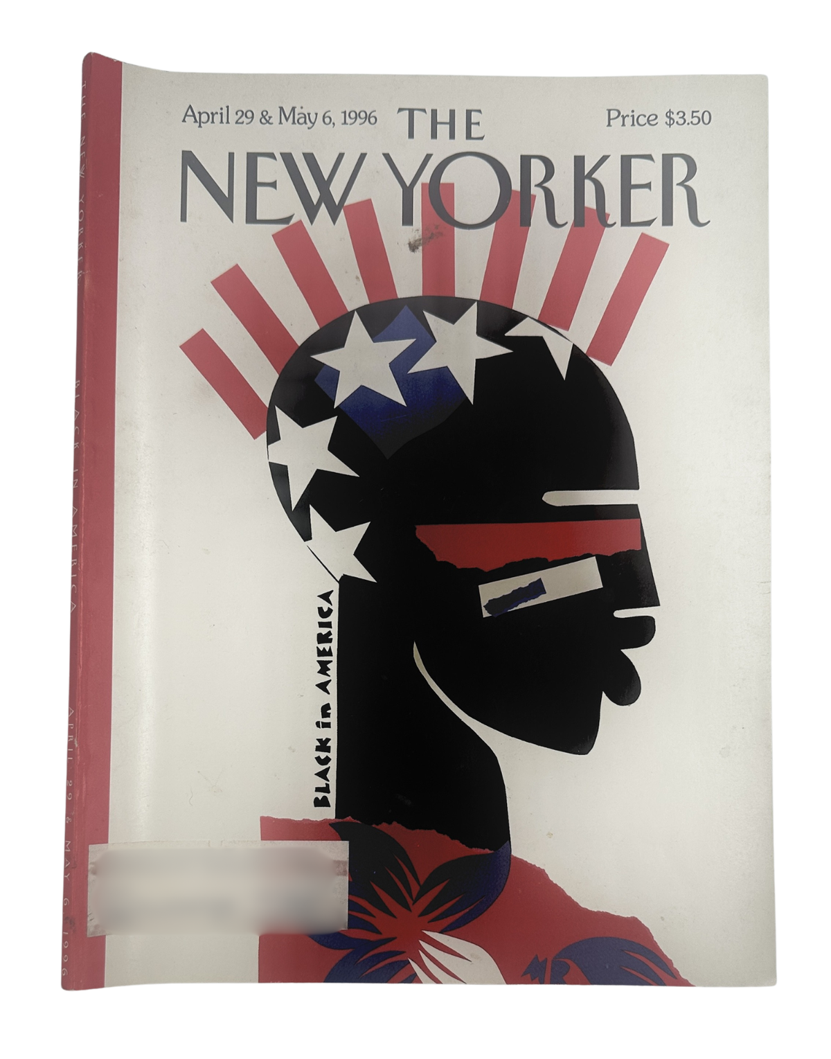 The New Yorker Magazine April 29 & May 6, 1996 Black in America Michael Roberts Cover, featuring a stylized black American profile with stars and red, white, and blue rays.