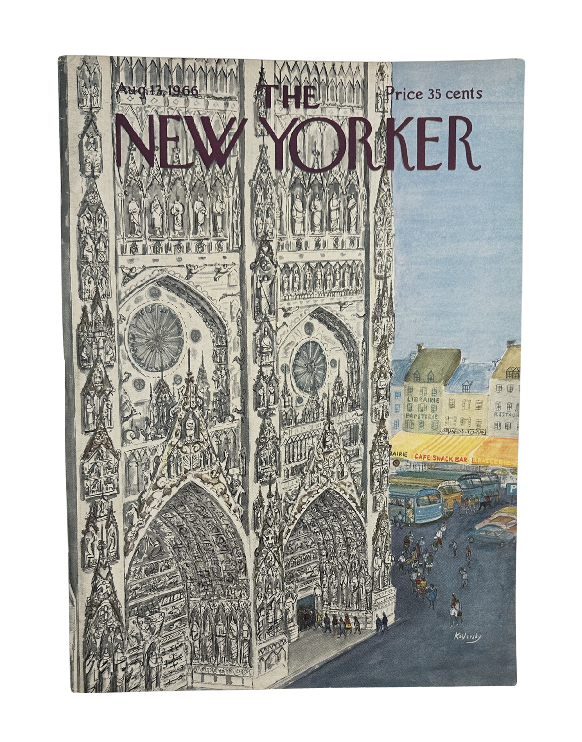 The New Yorker Magazine August 13, 1966 Cathedral Paris Anatol Kovarsky Cover VG, featuring an illustrated Paris cathedral cover with the New Yorker masthead