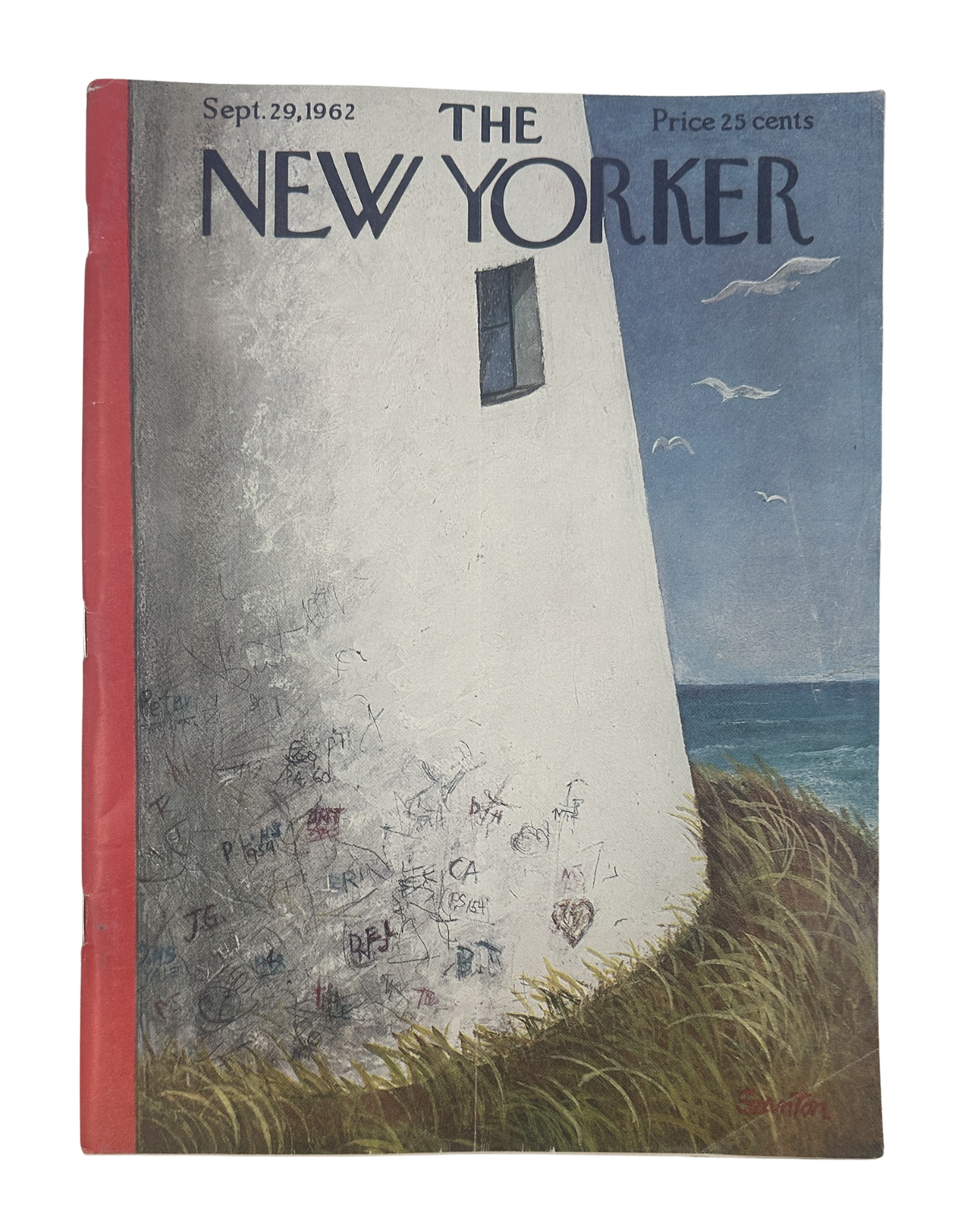 The New Yorker Magazine September 29, 1962 Lighthouse Seaside Beatrice Szanton Cover, featuring a weathered white lighthouse beside the ocean with coastal grass and flying seagulls.