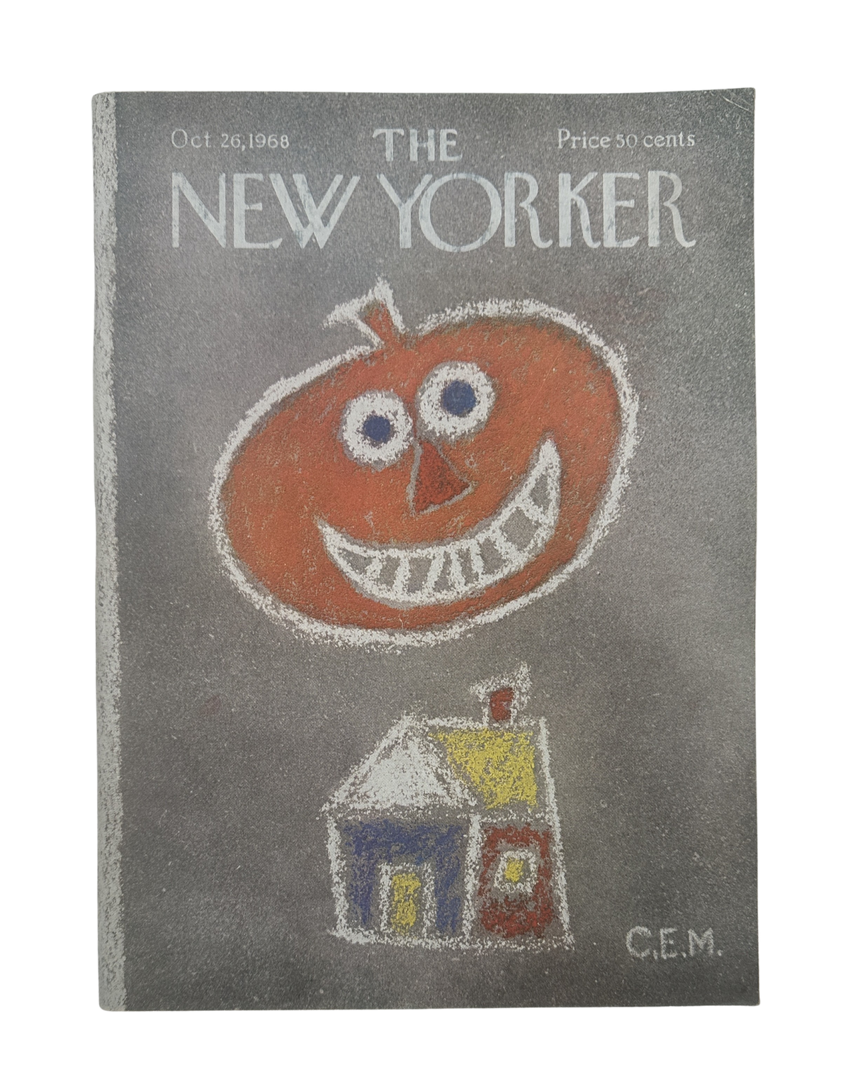 The New Yorker Magazine October 26, 1968 Halloween Pumpkin Art Charles Martin Cover VG, featuring a smiling jack-o'-lantern and decorated house illustration.