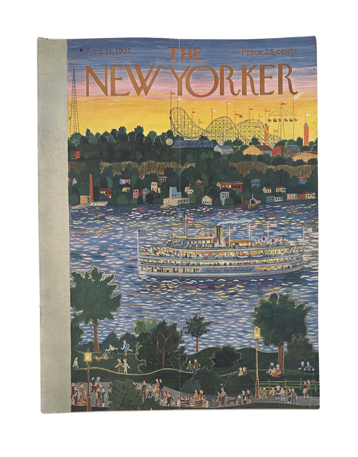 The New Yorker Magazine August 31, 1957 River Boat Amusement Park Ilonka Karasz Cover featuring a riverboat, waterfront amusement park, and illustrated summer landscape.