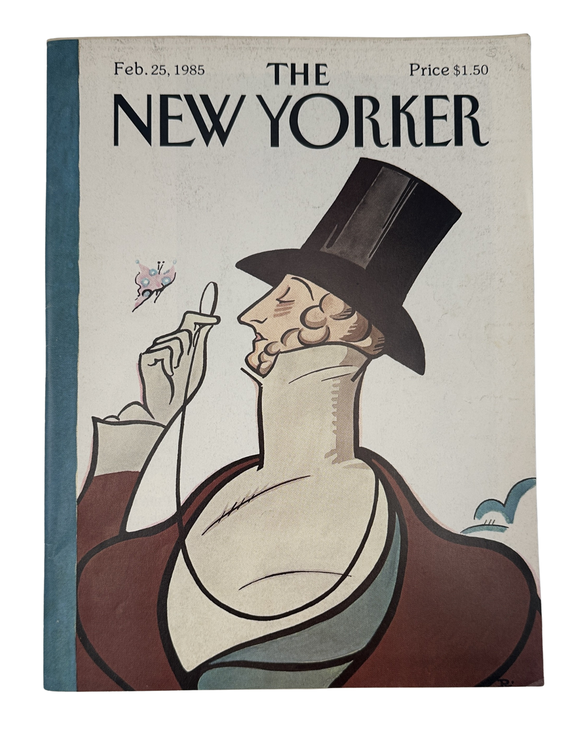 The New Yorker Magazine February 25, 1985 Top Hat Butterfly Rea Irvin Cover featuring an illustrated gentleman in a top hat holding a butterfly.