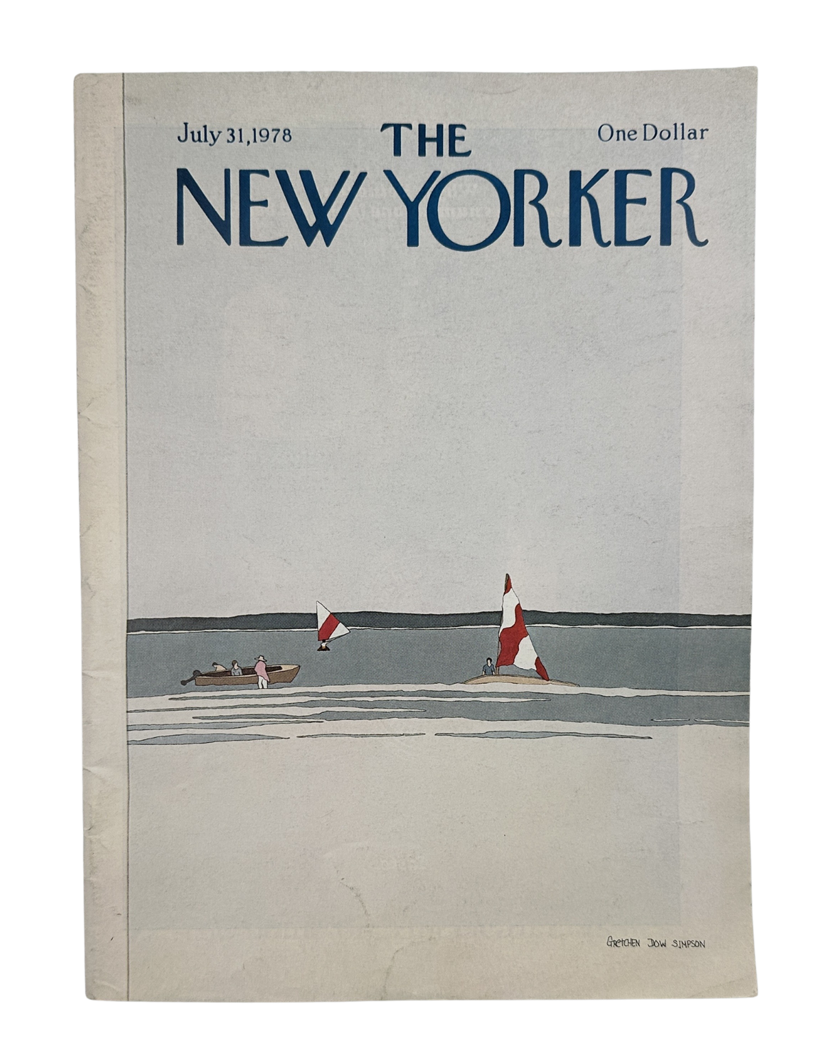 The New Yorker Magazine July 31, 1978 lake Motorboat Gretchen Dow Simpson Cover, vintage magazine featuring an illustrated lake scene with sailboats and a motorboat.