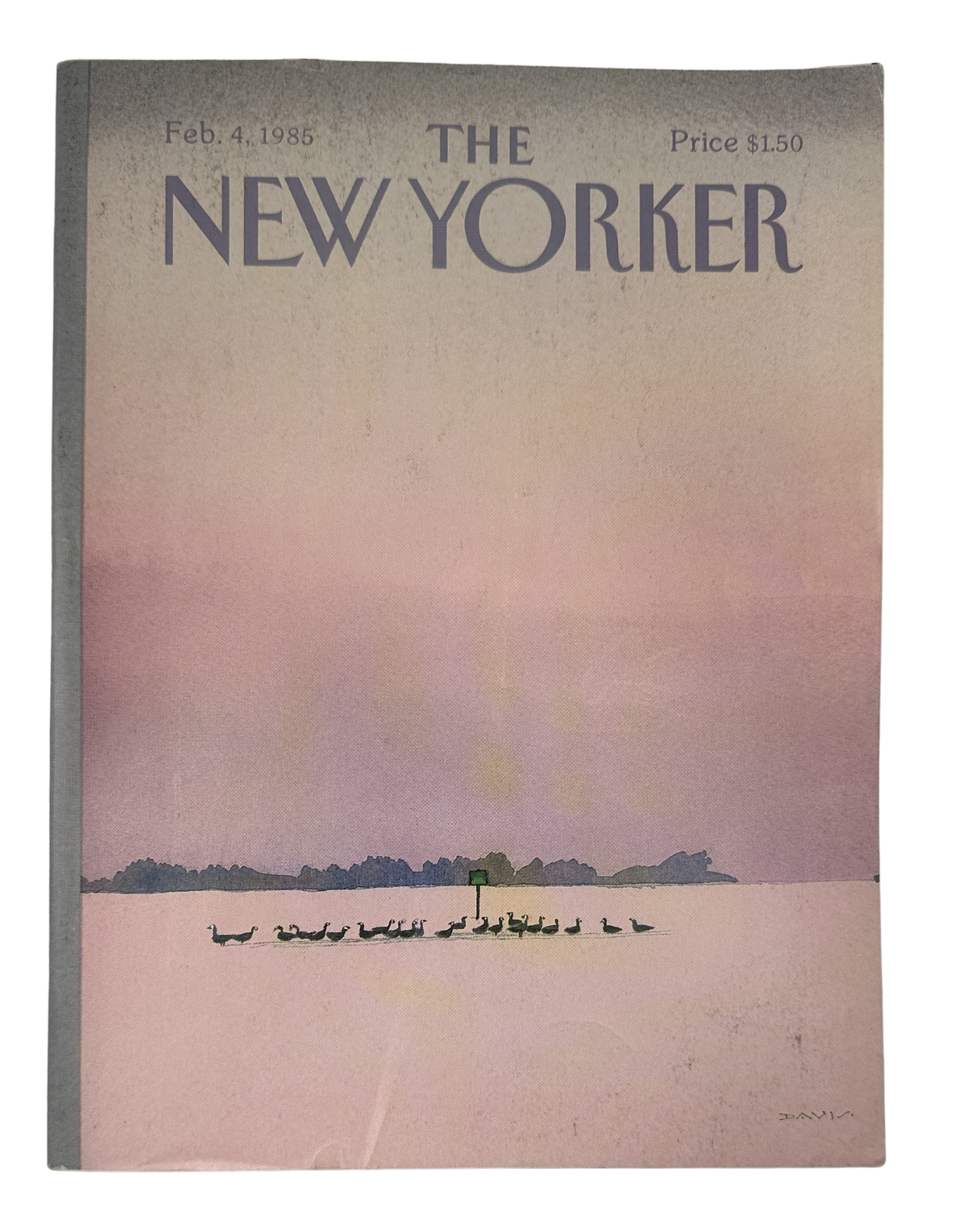 The New Yorker Magazine February 4, 1985 Pink Lake Waterfowl Susan Davis Cover, featuring silhouetted waterfowl on a pink lake beneath a hazy pastel sky.