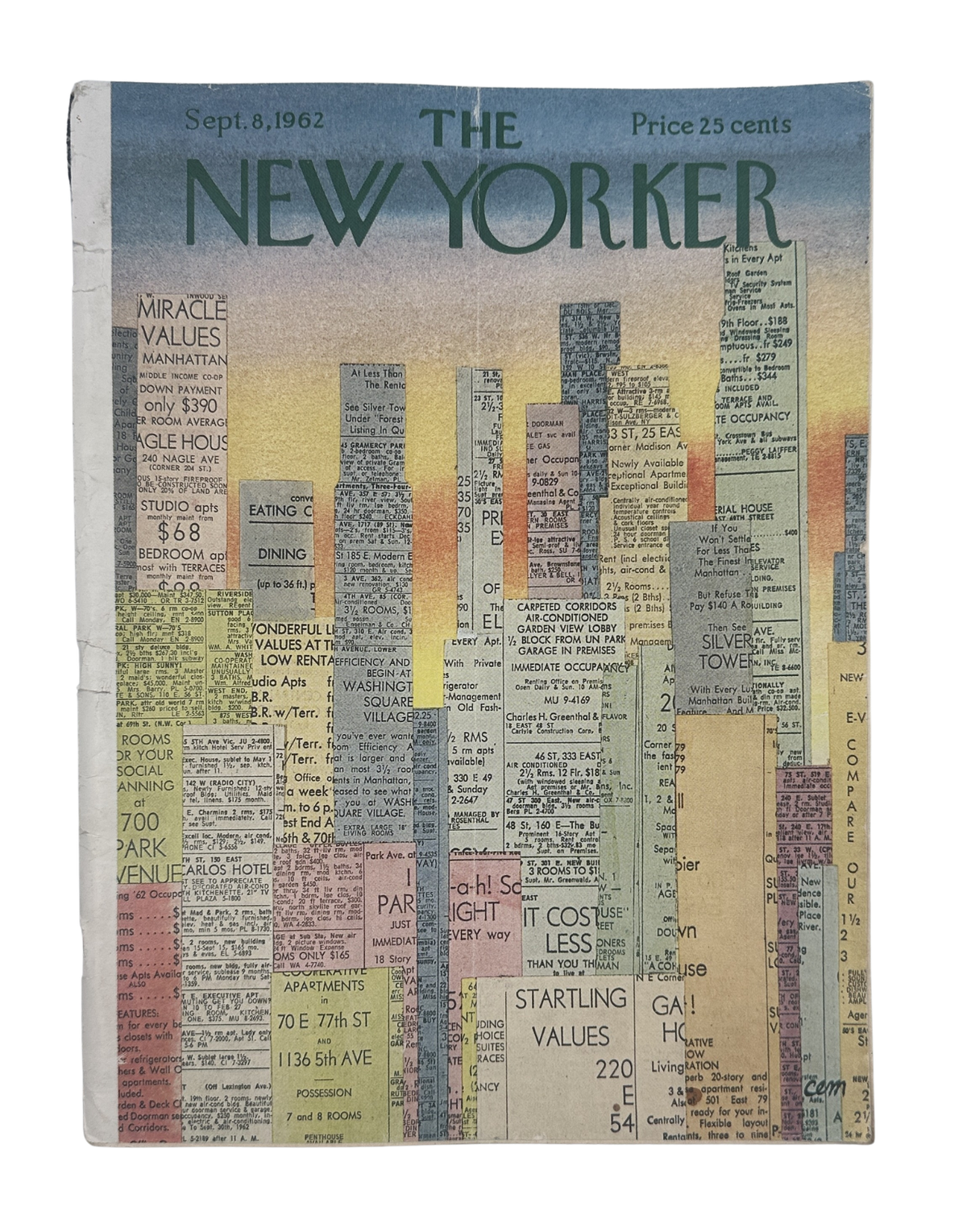 The New Yorker Magazine September 8, 1962 Apartment Ads City Skyline Charles Martin Cover, featuring a vintage city skyline made from classified apartment advertisements.