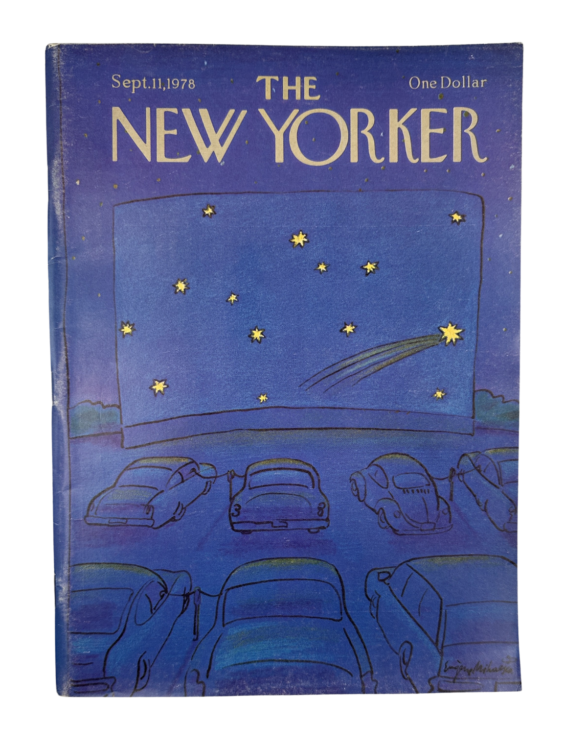The New Yorker Magazine September 11, 1978 Drive-In Theater Shooting Star Eugène Mihaesco cover featuring a nighttime drive-in theater, shooting star, parked cars, and blue illustrated artwork