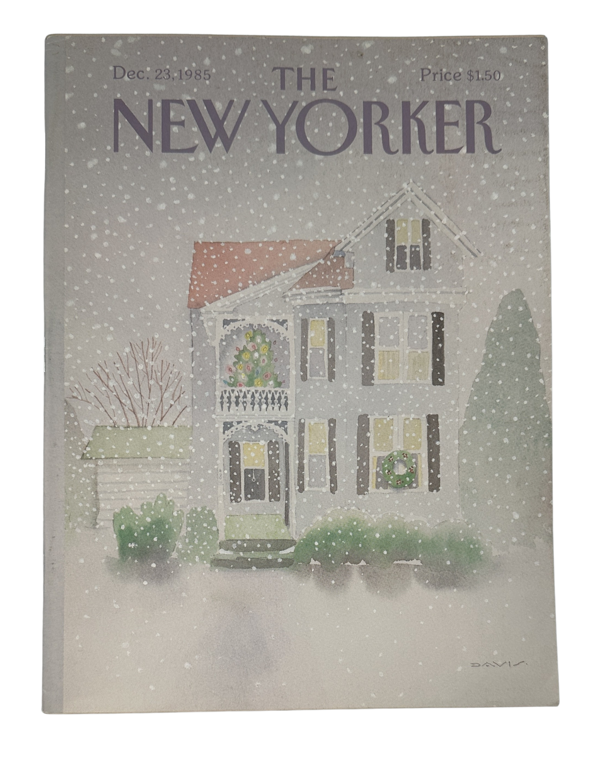 The New Yorker Magazine December 23, 1985 Snowy Christmas House Susan Davis Cover, featuring a snow-covered holiday house illustration on the front cover.