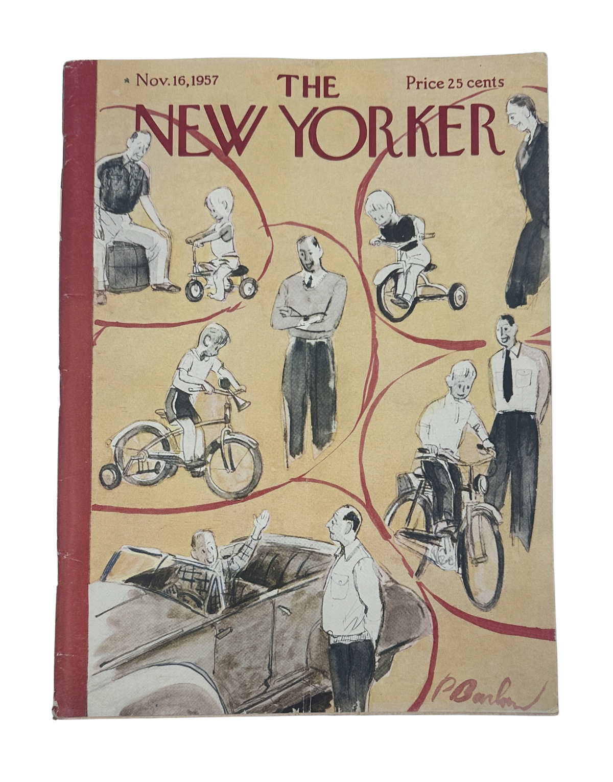 The New Yorker Magazine November 16, 1957 Boy Bicycle Car Perry Barlow Cover featuring children riding bicycles and tricycles around a standing man