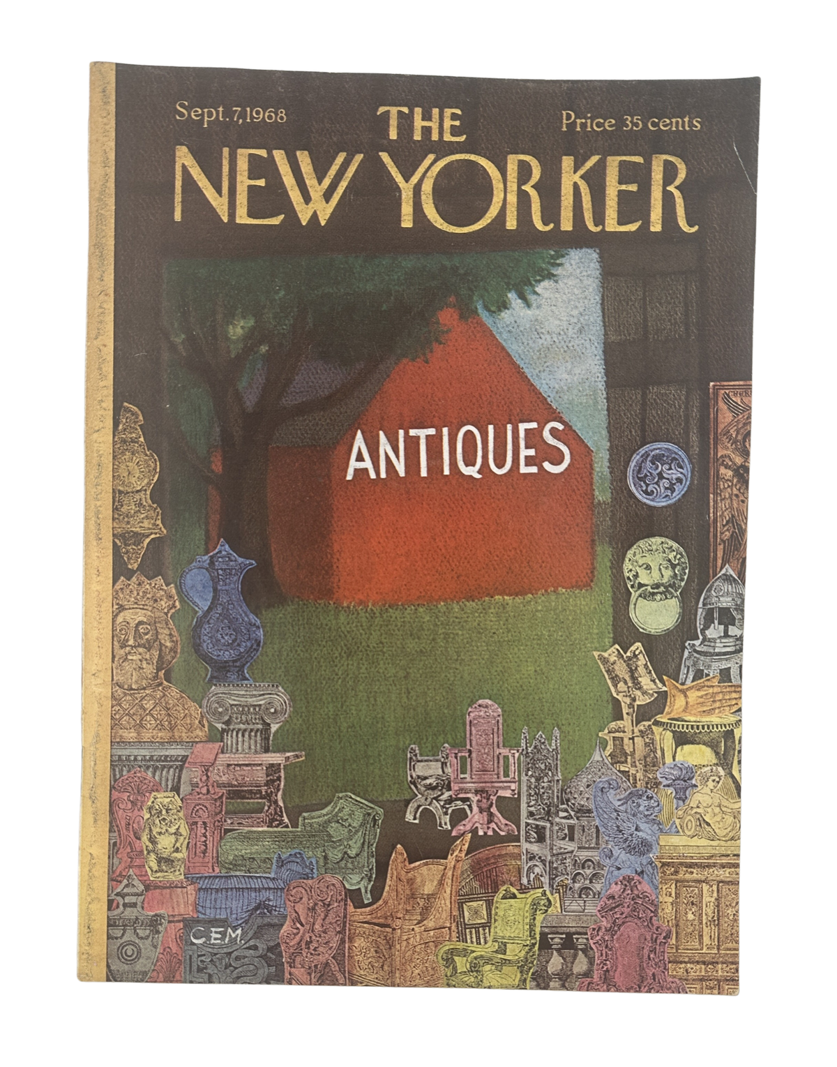 The New Yorker Magazine September 7, 1968 Antiques Charles Martin Cover VG, vintage magazine cover featuring an illustrated antique-filled room and the headline “ANTIQUES”