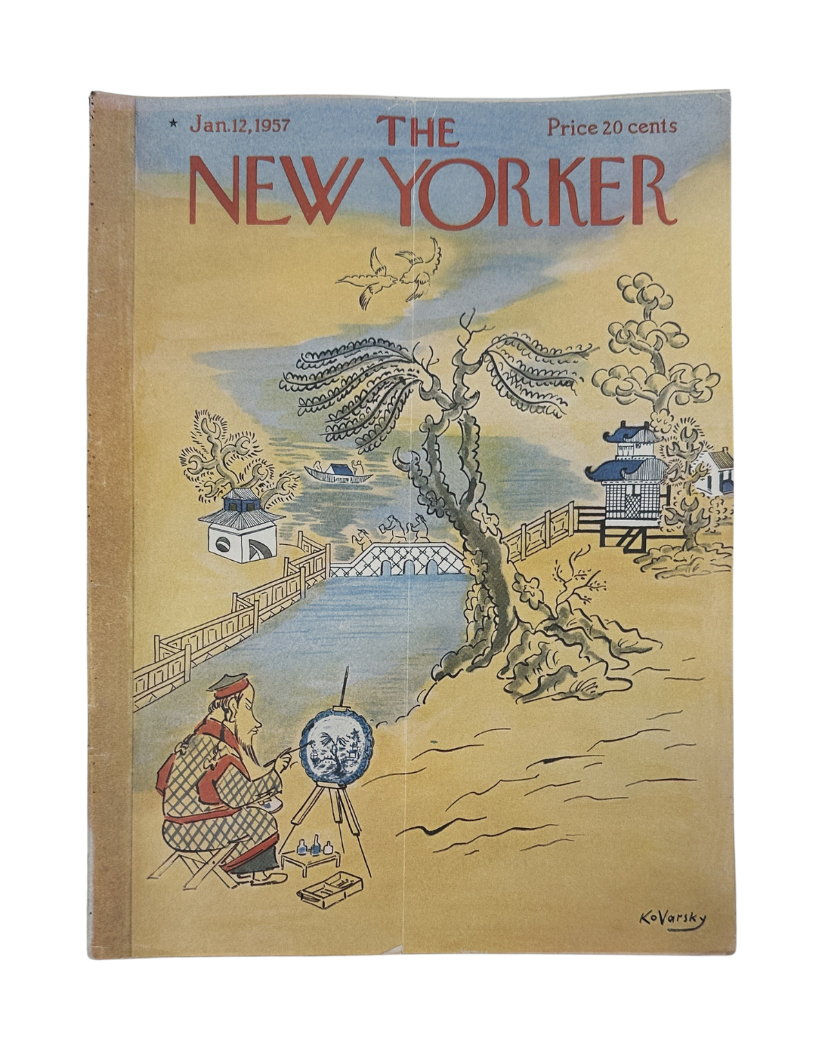 The New Yorker Magazine January 12, 1957 Chinese Artist Anatol Kovarsky Cover, featuring a colorful illustrated Japanese garden scene with a seated artist painting beside a pond.