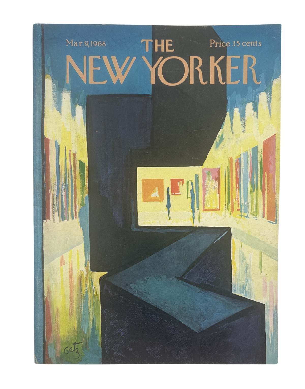 The New Yorker Magazine March 9, 1968 Art Gallery Arthur Getz Cover VG, featuring the original illustrated art gallery cover with abstract blue, black, yellow, and red artwork.