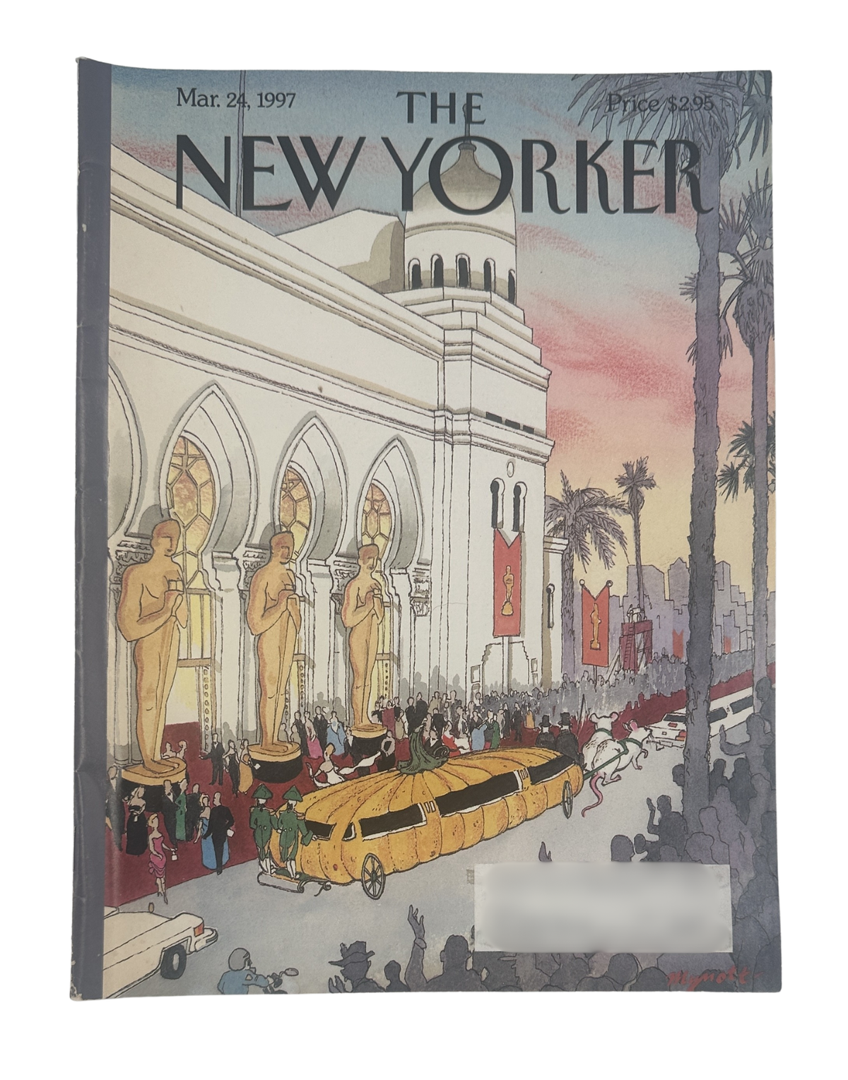 The New Yorker Magazine March 24, 1997 Oscars Limo Lawrence Mynott Cover, illustrated cover showing a yellow limousine arriving at an Oscars-style red carpet outside a grand theater.