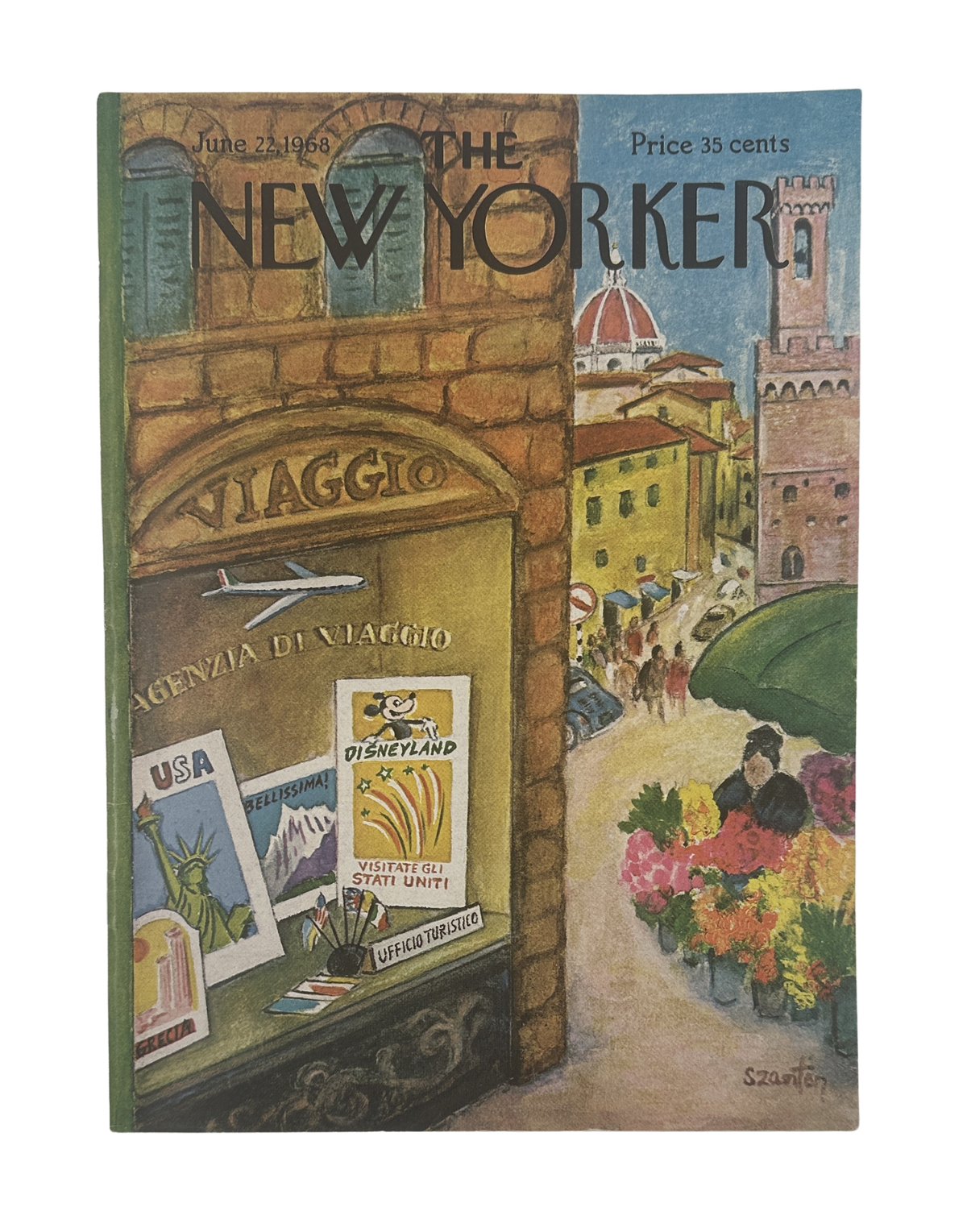 The New Yorker Magazine June 22, 1968 Italy Travel Agency Beatrice Szanton Cover VG, featuring an illustrated Italian travel agency storefront with travel posters and historic city buildings.