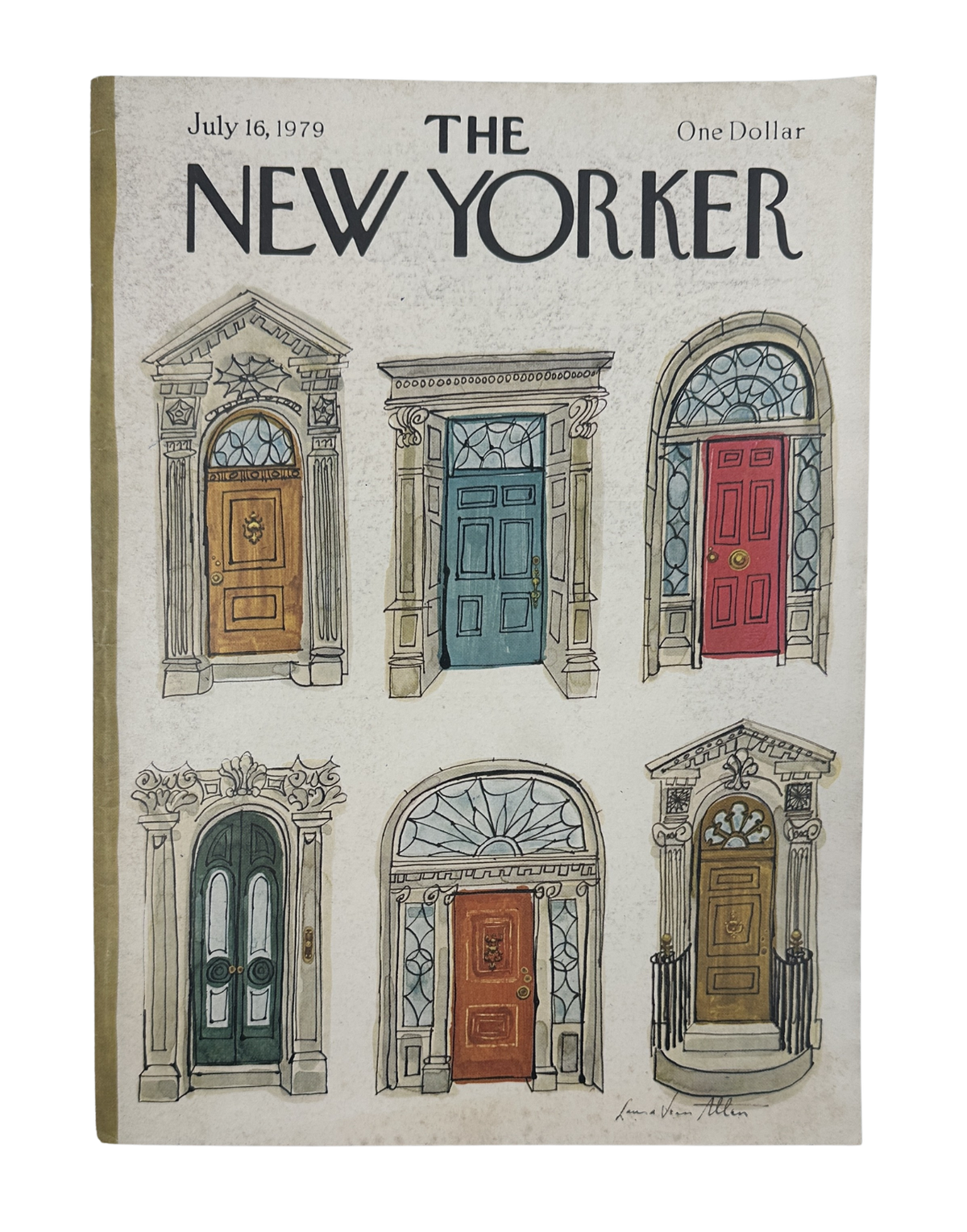The New Yorker Magazine July 16, 1979 Ornate Townhouse Doors Laura Jean Allen Cover, featuring an illustrated vintage magazine cover with six decorative townhouse entrances and colorful doors.