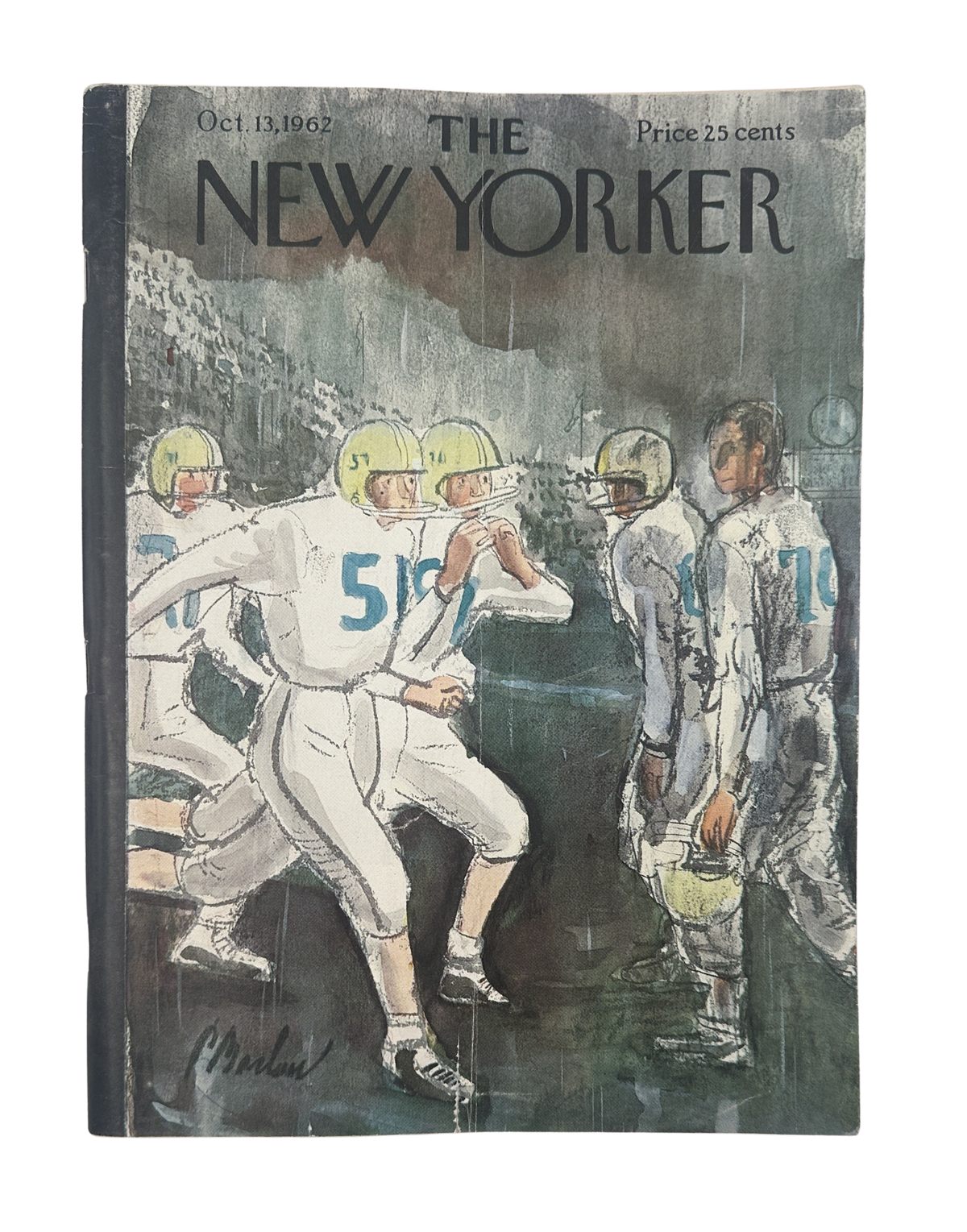 The New Yorker Magazine October 13, 1962 Football Sideline Perry Barlow Cover featuring illustrated football players on the sideline