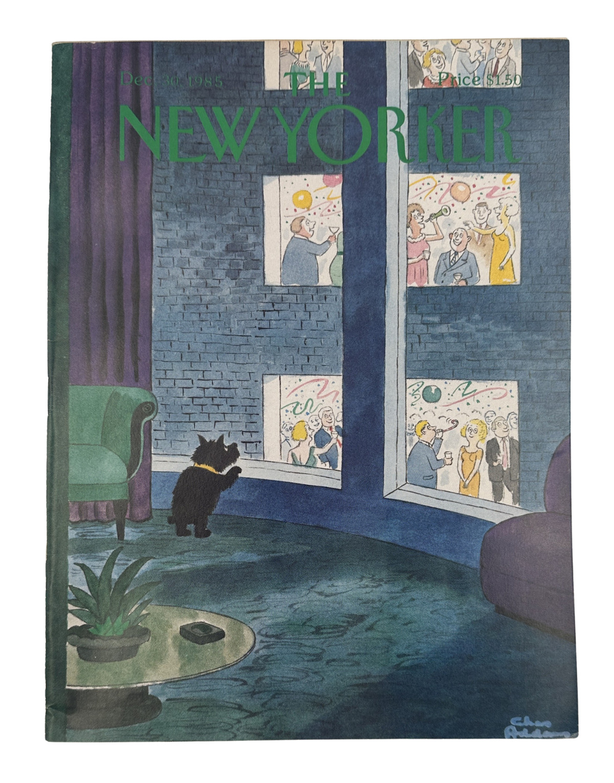 The New Yorker Magazine December 30, 1985 Cat Watching Parties Charles Addams Cover VG, featuring the illustrated Charles Addams cover with a cat watching people through apartment windows.