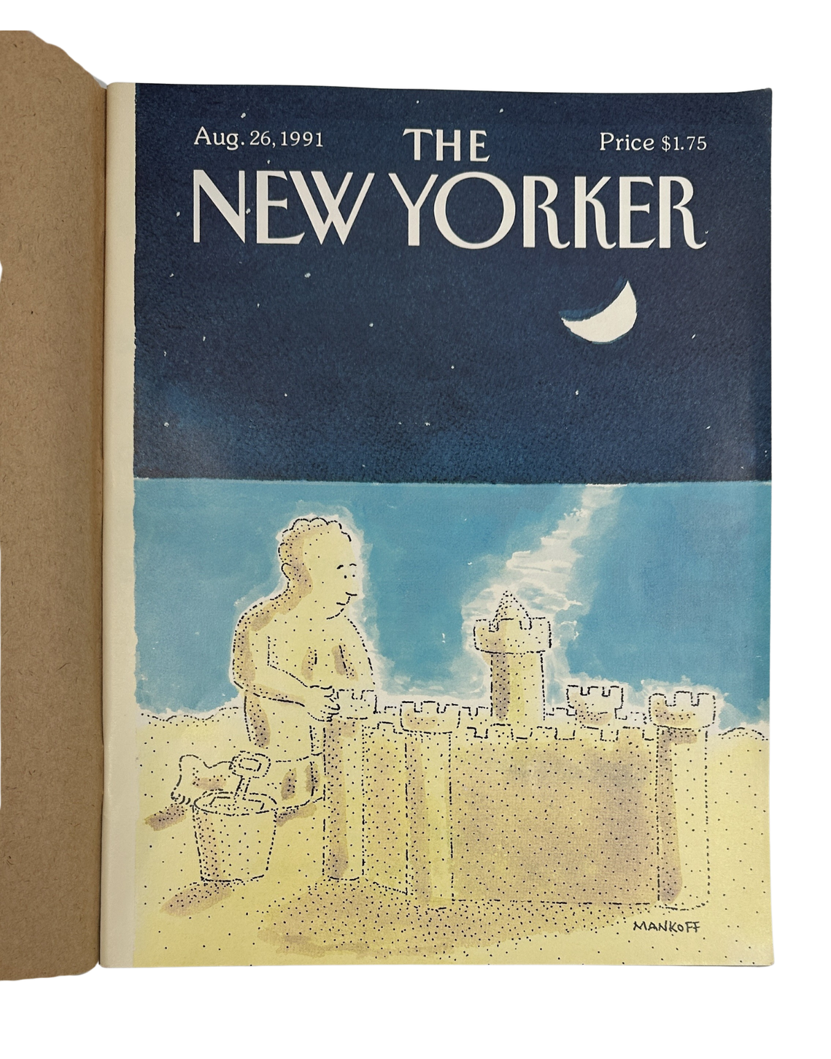 The New Yorker Magazine August 26, 1991 Sandcastle Beach Robert Mankoff Cover VG, featuring a child building a sandcastle under a crescent moon at the beach.
