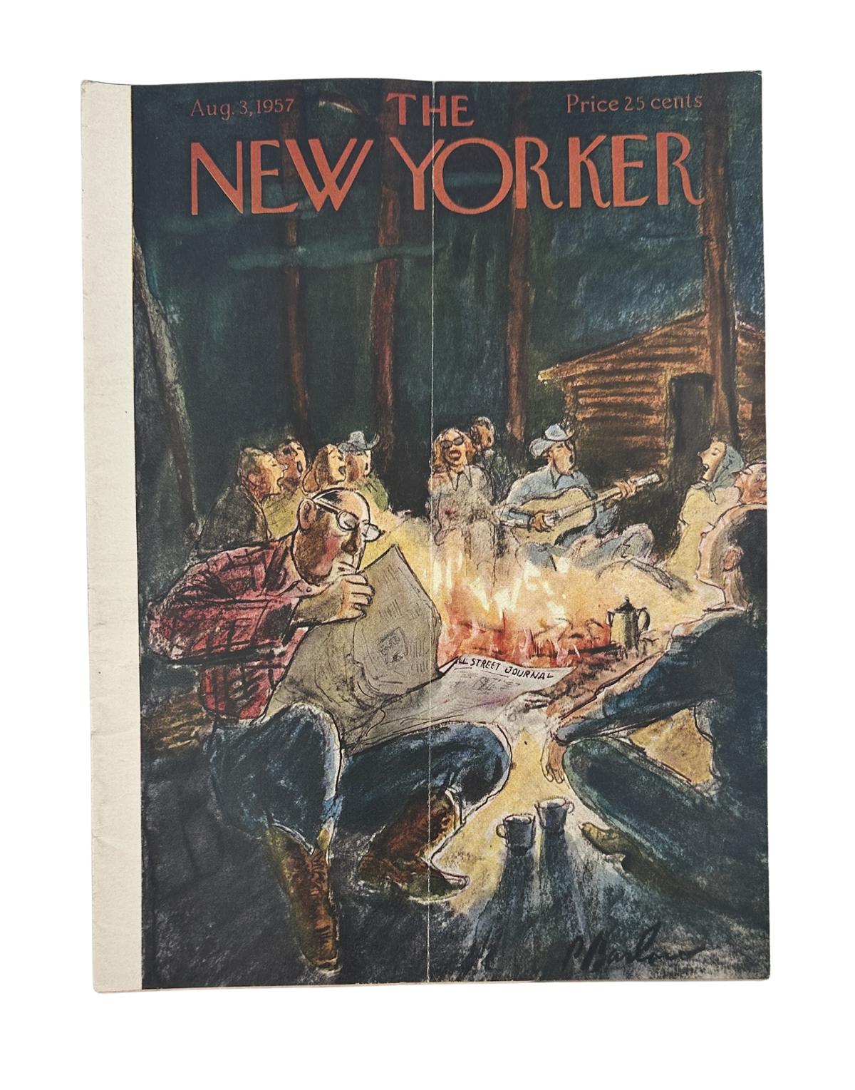 The New Yorker Magazine August 3, 1957 Campfire Singing Perry Barlow Cover, vintage magazine front cover showing people gathered around a campfire.