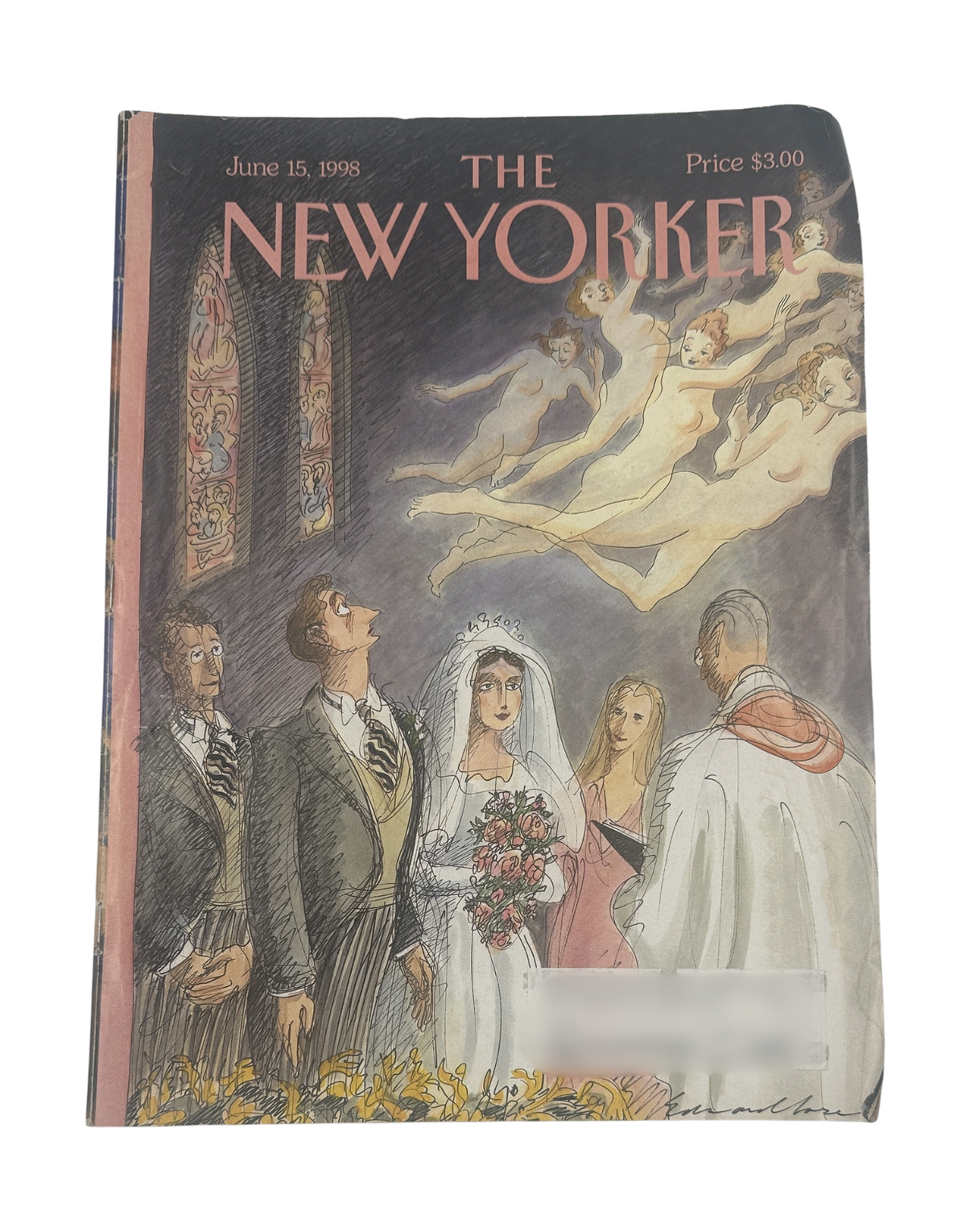 The New Yorker Magazine June 15, 1998 Wedding Angels Edward Sorel Cover, featuring a wedding party beneath flying angel figures on the illustrated front cover.