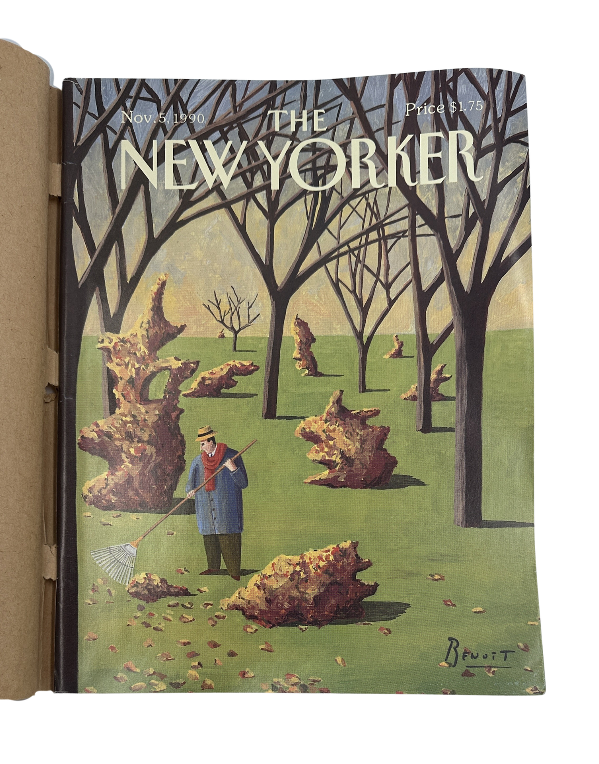 The New Yorker Magazine November 5, 1990 Autumn Leaf Piles Park Benoît van Innis Cover VG, illustrated park scene with a groundskeeper raking leaves