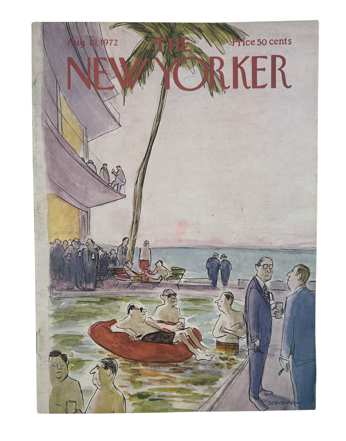 The New Yorker Magazine August 19, 1972 Seaside Pool Cocktail Party Cover featuring an illustrated seaside pool party with swimmers, lounge chairs, palm trees, and guests by the water.