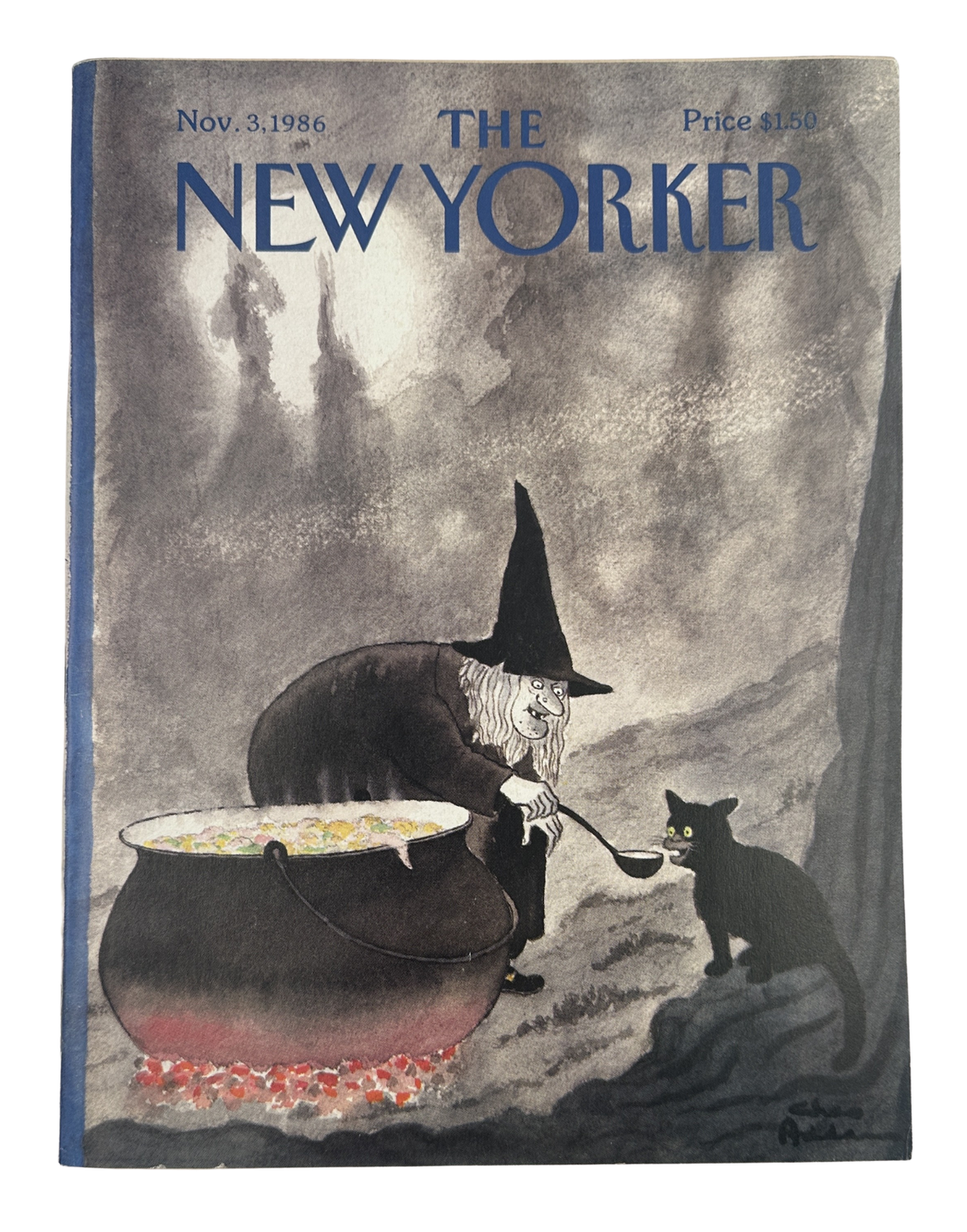 The New Yorker Magazine November 3, 1986 Witch Cat Cauldron Charles Addams Cover VG, featuring a witch stirring a cauldron beside a black cat.