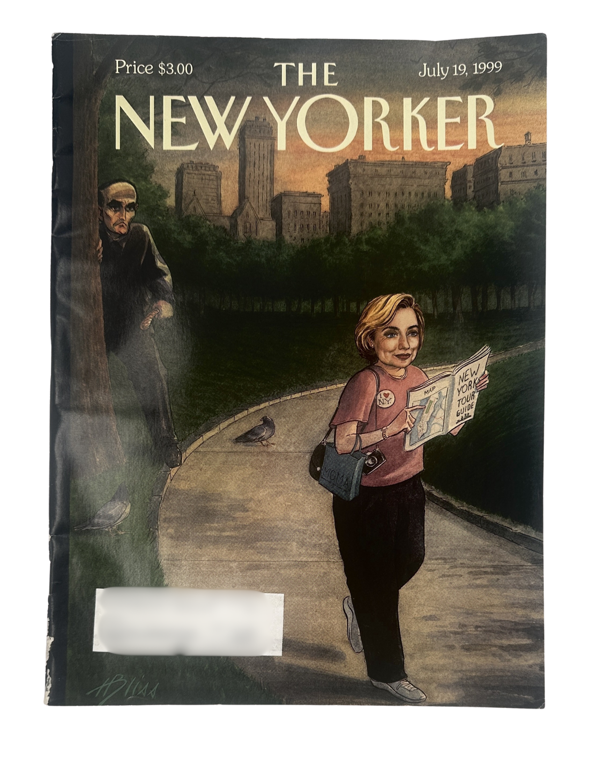 The New Yorker Magazine July 19, 1999 The Tough Guy and the Tourist Harry Bliss Cover, featuring a woman reading a newspaper in a city park with a mysterious man in the background