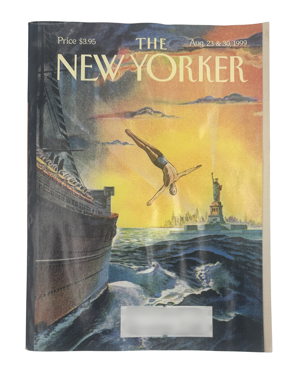 Cover of The New Yorker Magazine August 23 & 30, 1999 Adventure Diver Liberty Winston Smith Cover, featuring a diver leaping into ocean waves near the Statue of Liberty and a ship.