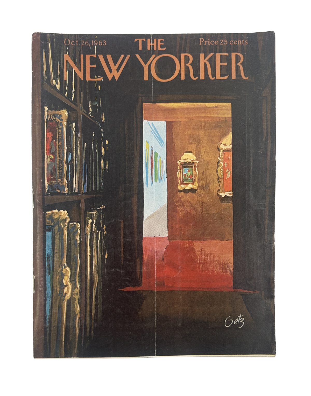 The New Yorker Magazine October 26, 1963 Dark Museum Gallery Arthur Getz Cover, featuring a dark museum gallery illustration with bookshelves and an open doorway.