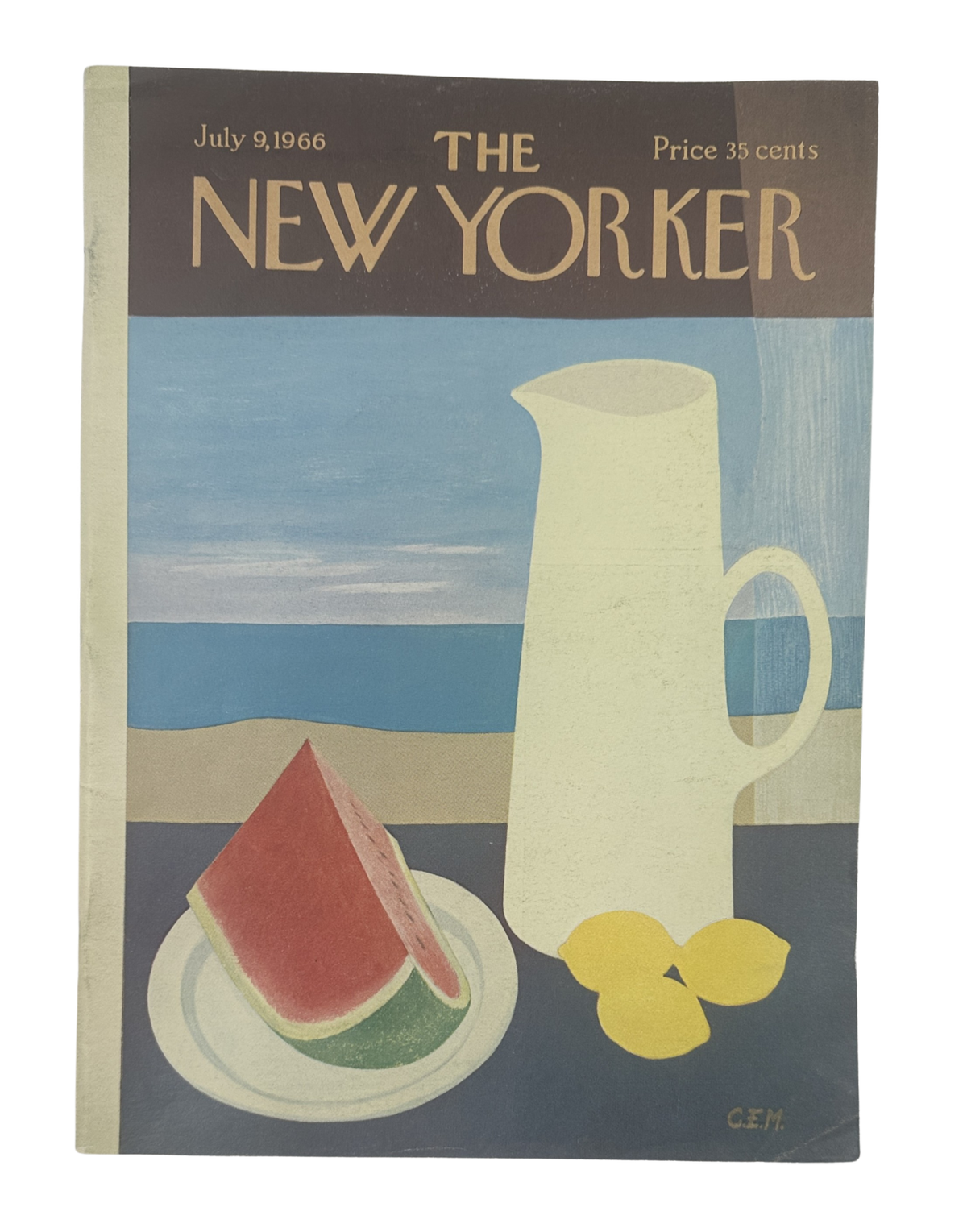 The New Yorker Magazine July 9, 1966 Watermelon Charles Martin Cover VG, featuring a vintage illustration of a watermelon slice, pitcher, plate, and lemon on the front cover.