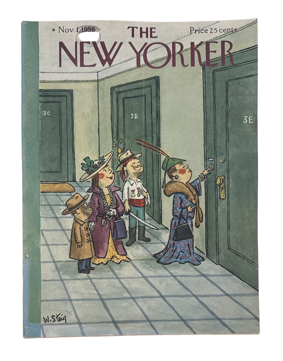 The New Yorker Magazine November 1, 1958 Halloween Trick or Treat William Steig Cover featuring children in costumes trick-or-treating in an apartment hallway