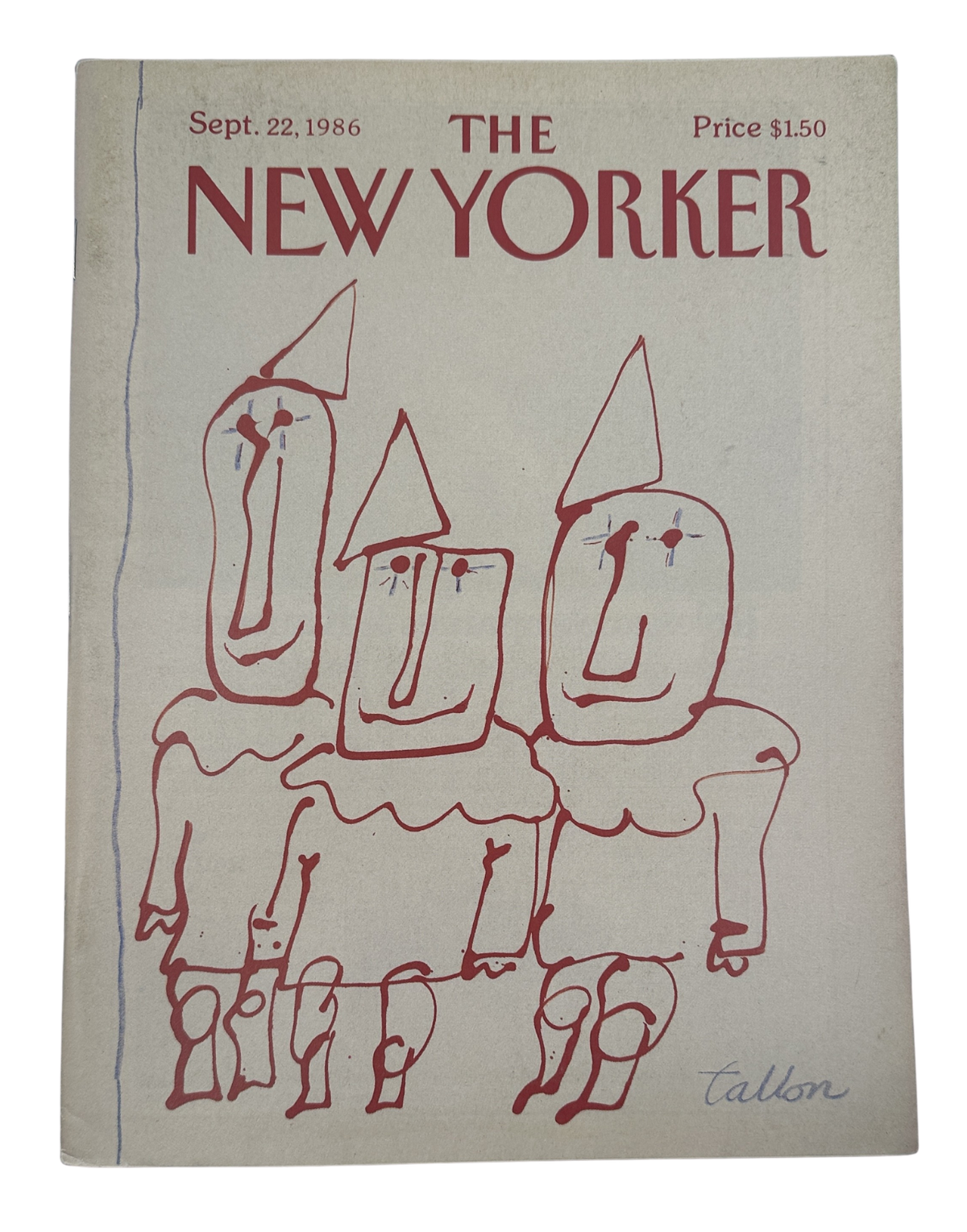 The New Yorker Magazine September 22, 1986 Hooded Candle Trio Robert Tallon Cover VG, front cover featuring three hooded candle figures in red line art.
