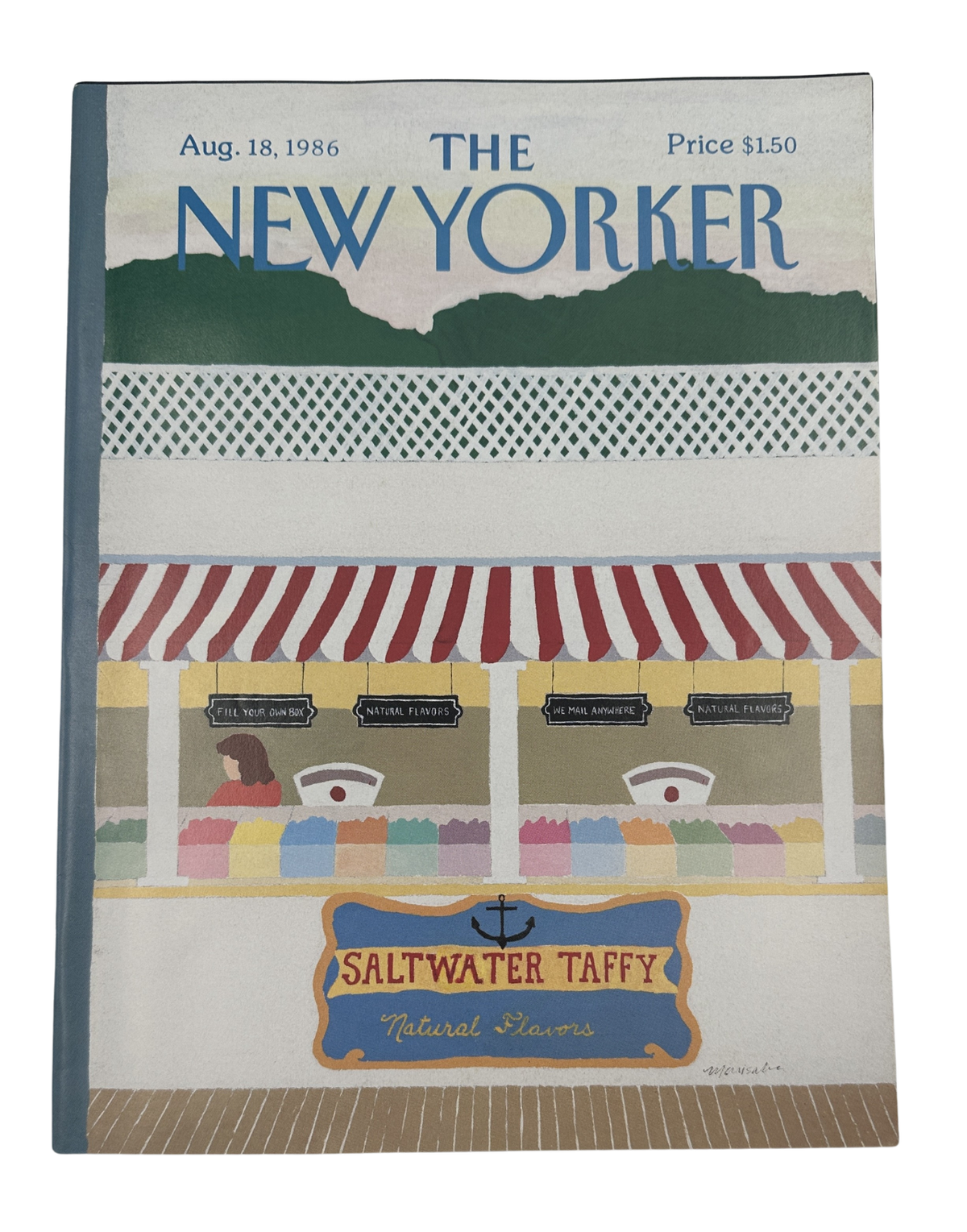 The New Yorker Magazine August 18, 1986 Saltwater Taffy Shop Marisabina Russo Cover VG, featuring an illustrated saltwater taffy shop with striped awning, candy displays, and coastal landscape.