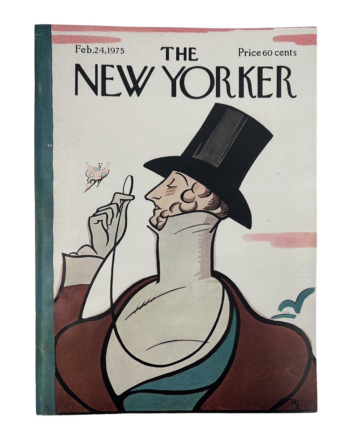 The New Yorker Magazine February 24, 1975 Eustace Tilley Butterfly Rea Irvin Cover featuring the iconic top-hatted character observing a butterfly