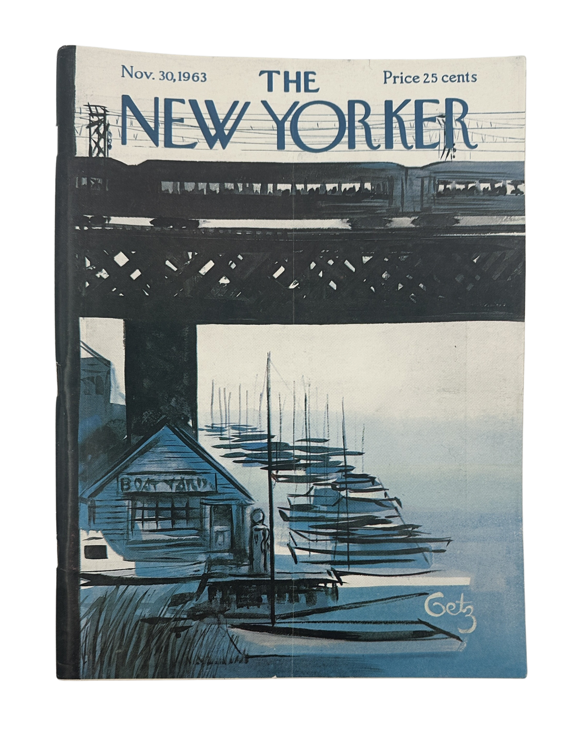The New Yorker Magazine November 30, 1963 Elevated Sailboats Arthur Getz Cover featuring an illustrated marina with sailboats beneath an elevated bridge.