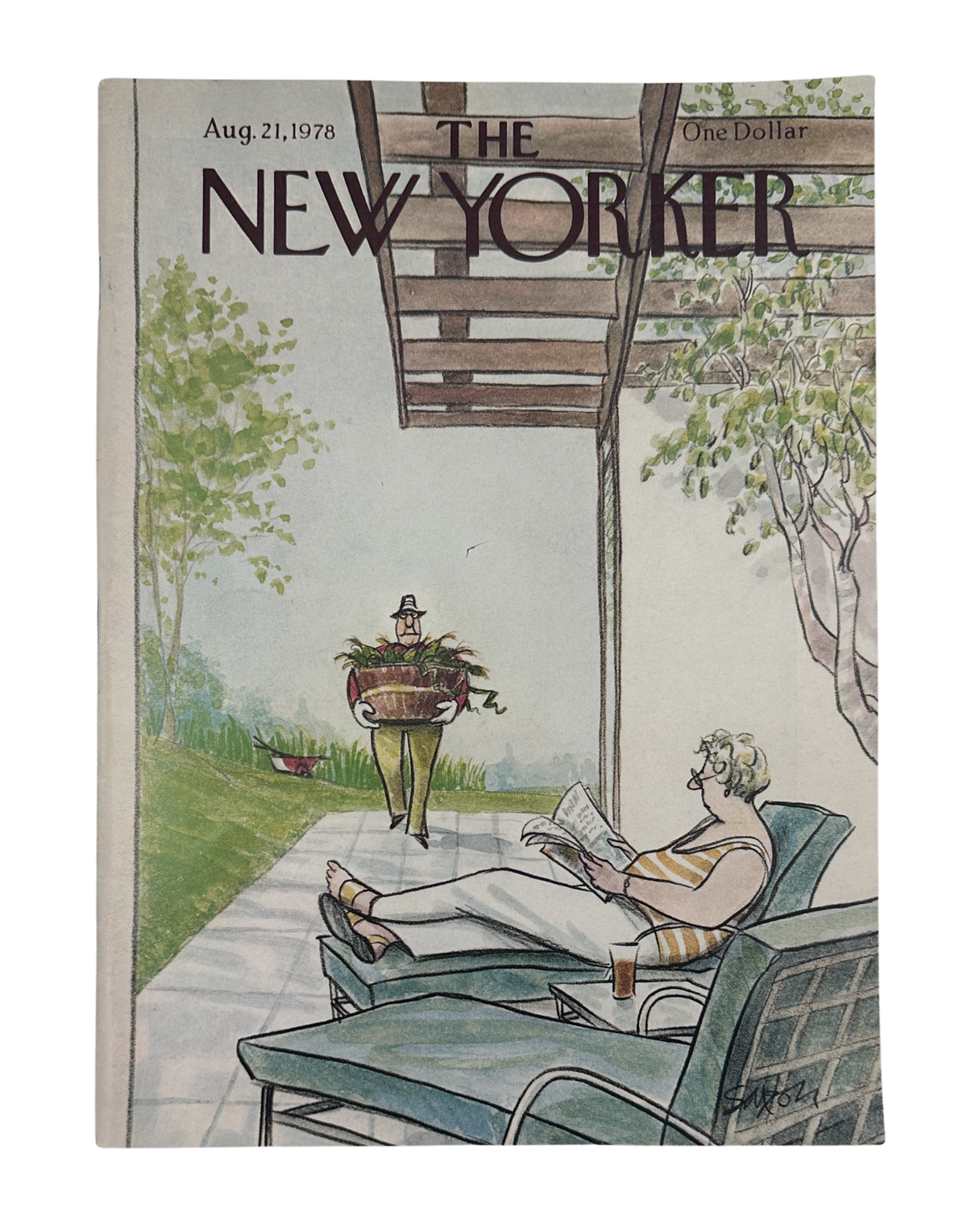 The New Yorker Magazine August 21, 1978 Patio Lounge Chair Butler Charles Saxon Cover VG, illustrated cover showing a woman relaxing in a patio lounge chair beneath a pergola.