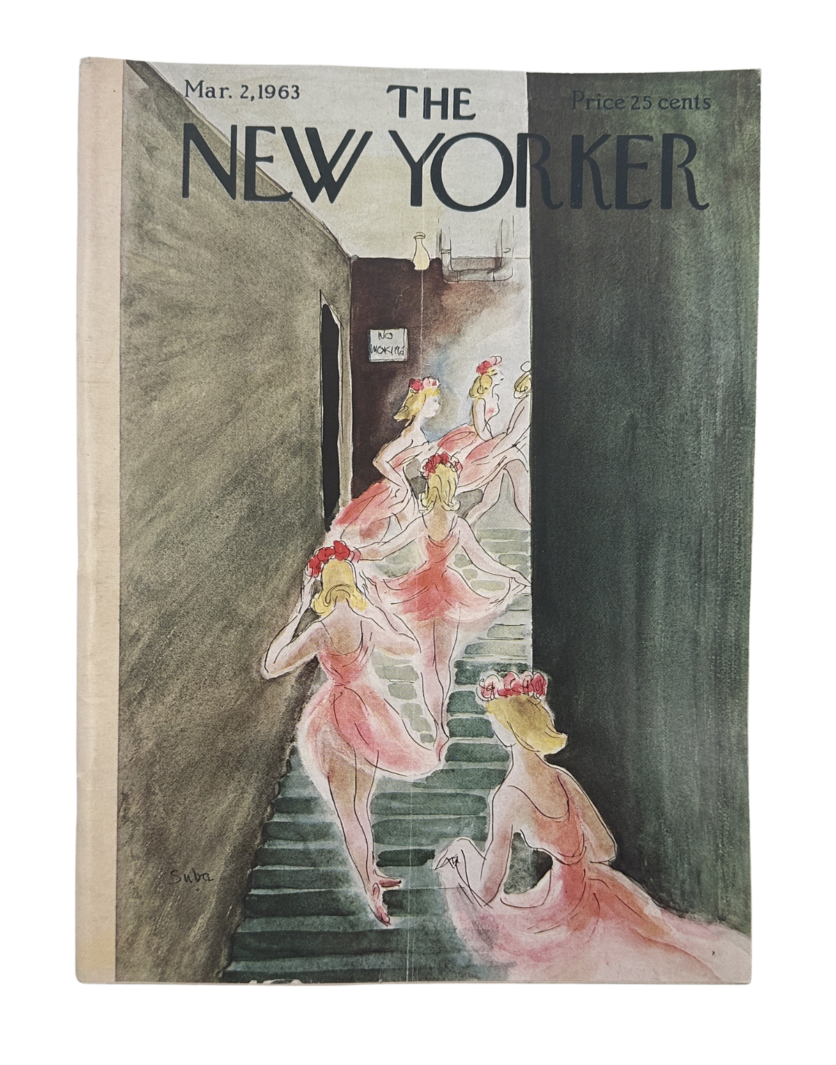 The New Yorker Magazine March 2, 1963 Ballet Dancers Backstage Susanne Suba Cover featuring illustrated ballet dancers descending a backstage staircase.