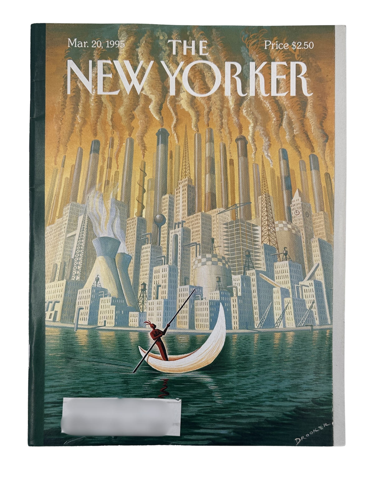 The New Yorker Magazine March 20, 1995 Industrial Cityscape Eric Drooker Cover VG, featuring a detailed city skyline with skyscrapers, industrial smokestacks, waterfront, and a small figure sailing on a white crescent-shaped boat.