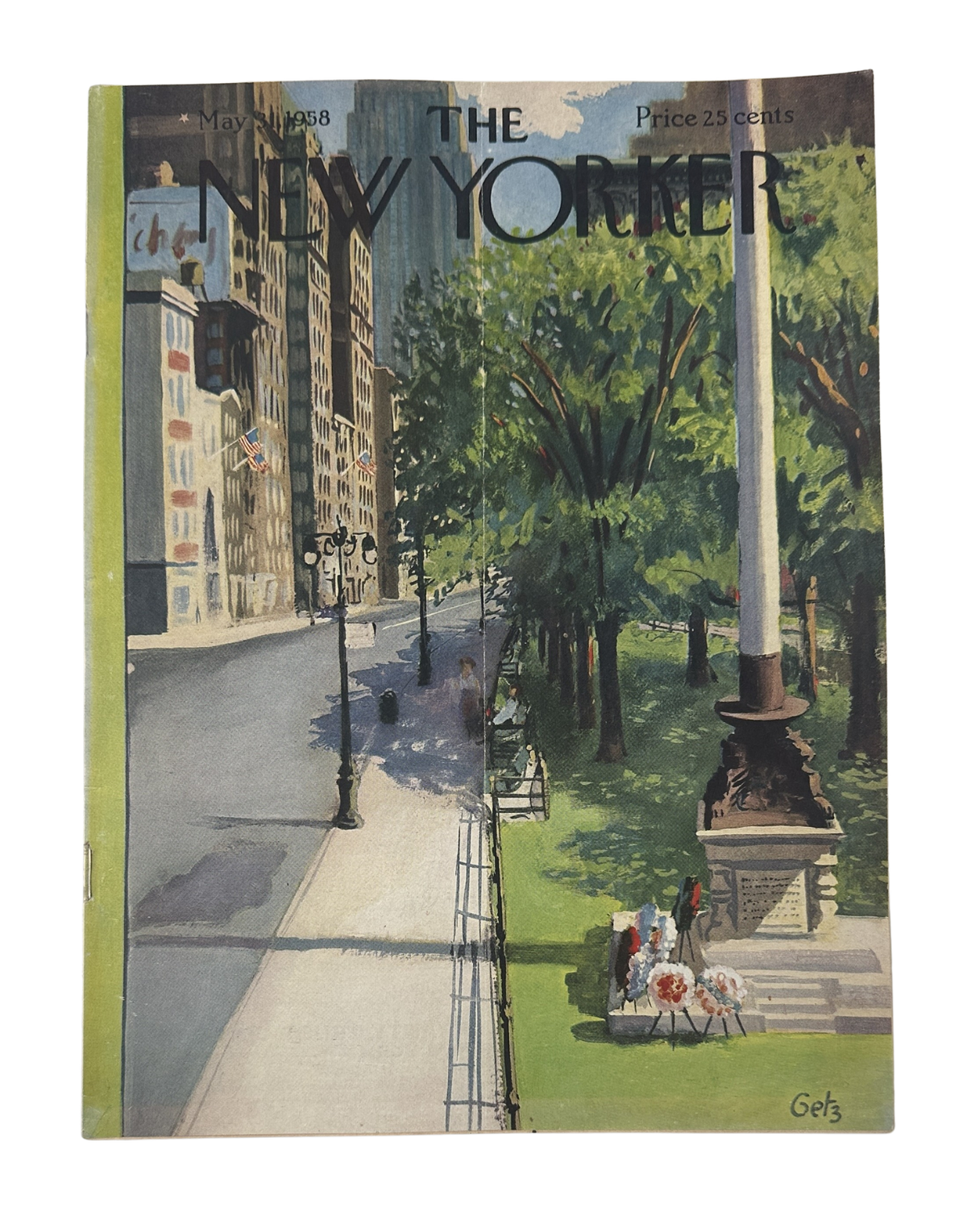 The New Yorker Magazine May 31, 1958 City Park Memorial Arthur Getz Cover featuring an illustrated city park walkway, trees, buildings, and memorial statue.