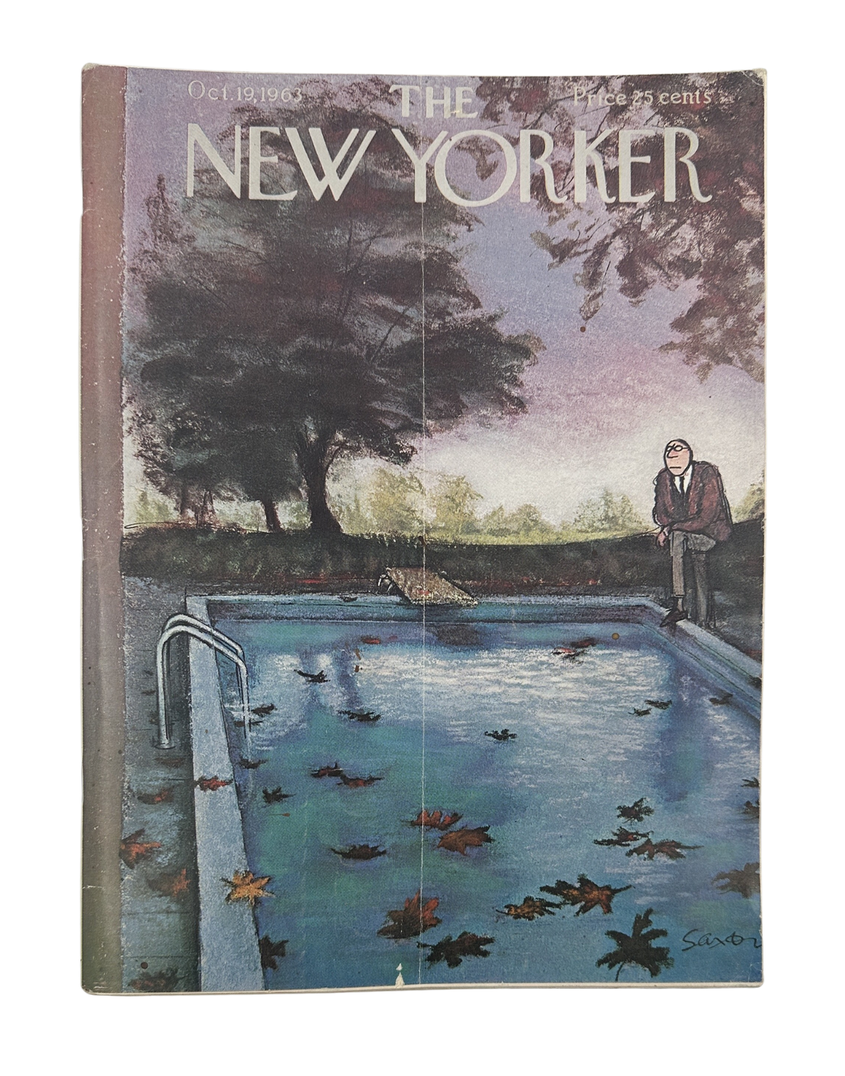 The New Yorker Magazine October 19, 1963 Man by Autumn Swimming Pool Charles D. Saxon Cover, vintage magazine cover showing a man beside an autumn swimming pool surrounded by fallen leaves and trees.