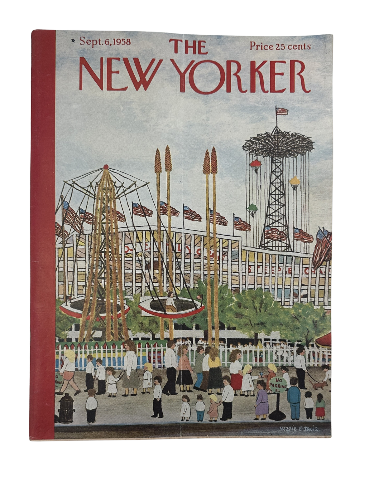 The New Yorker Magazine September 6, 1958 Amusement Park Vestie E. Davis Cover featuring a vintage amusement park illustration with rides, American flags, and families.