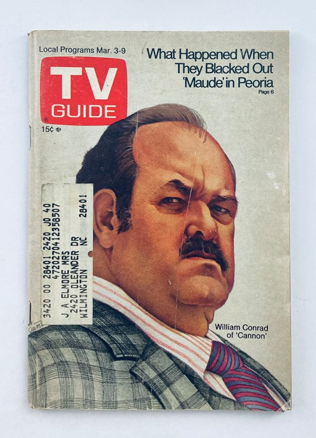 Cover of TV Guide Magazine March 3, 1973 #540 featuring a striking portrait of William Conrad, known for his role in 'Cannon'. This vintage magazine provides a glimpse into 1970s television history.
