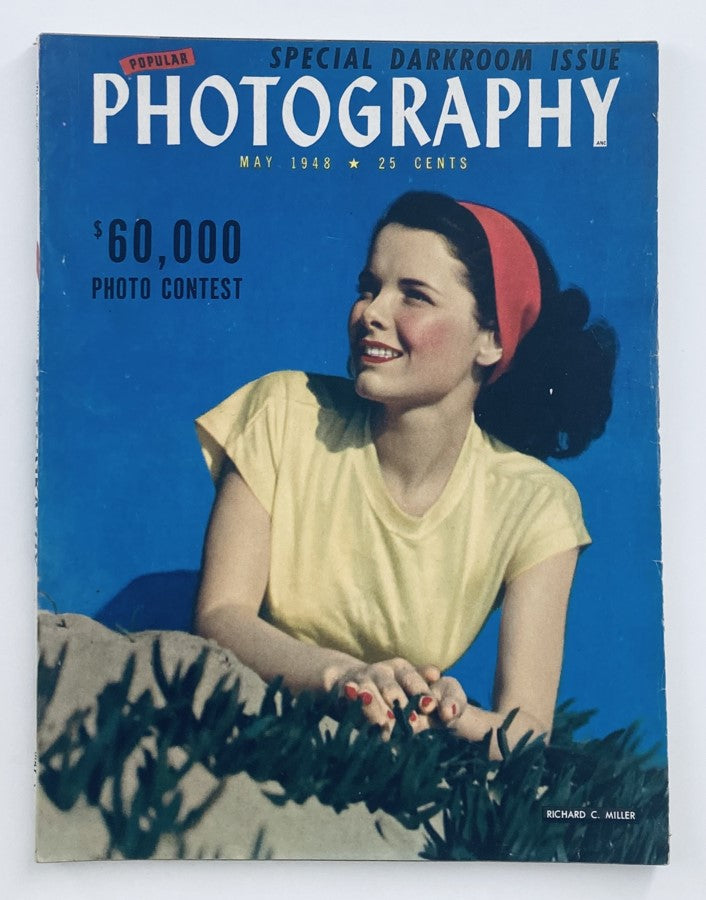 Cover of VTG Popular Photography Magazine May 1948 Special Darkroom Issue featuring a young woman in a yellow shirt, promoting a $60,000 photo contest.