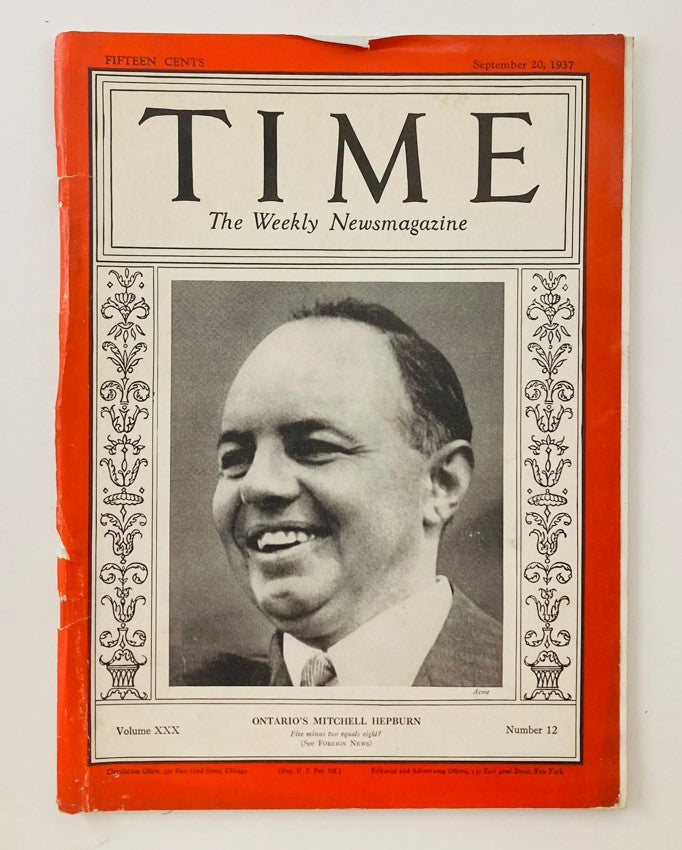 Vintage Time Magazine September 20 1937 Vol 30 No. 12 cover featuring Ontario's Mitchell Hepburn, highlighting historical significance with an image of Hepburn smiling.
