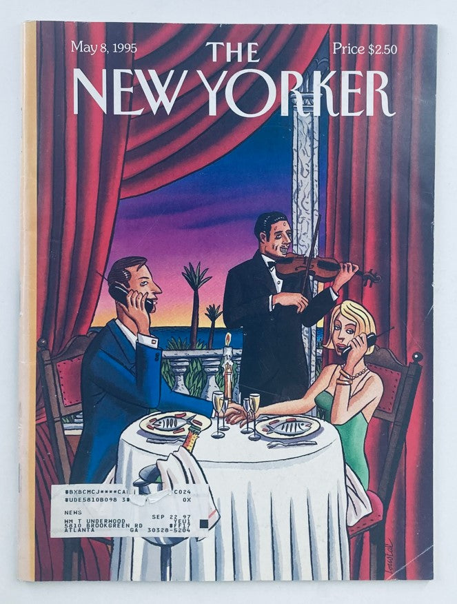 Cover of The New Yorker Full Magazine May 8 1995 featuring an illustration of a couple dining at a table with a violinist performing, showcasing the magazine's iconic artwork and design.