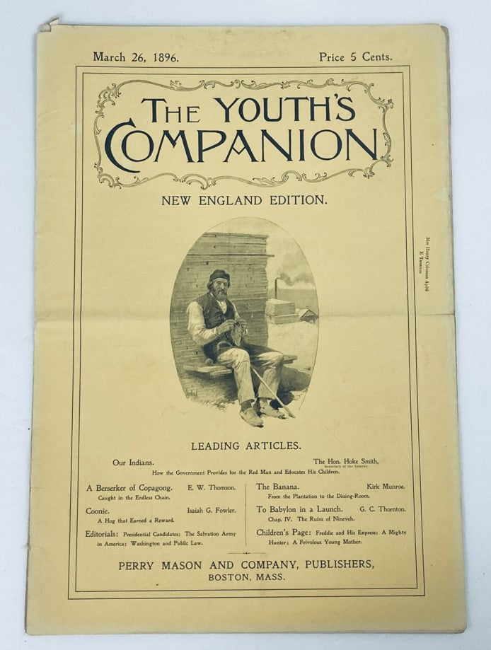 Cover page of VTG The Youth's Companion Magazine dated March 26, 1896, featuring the title 'A Berserker of Copagong' and listing leading articles, published by Perry Mason and Company.