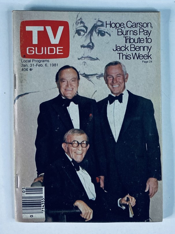 TV Guide Magazine January 31 1981 #1453 cover featuring Johnny Carson, Bob Hope, and George Burns paying tribute to Jack Benny, showcasing classic television history.