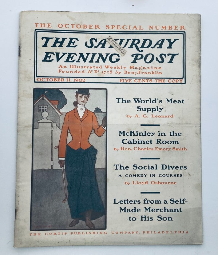Cover of The Saturday Evening Post, October 11, 1902, featuring the title 'The Social Divers: A Comedy in Courses', highlighting articles and illustrations from the early 20th century.