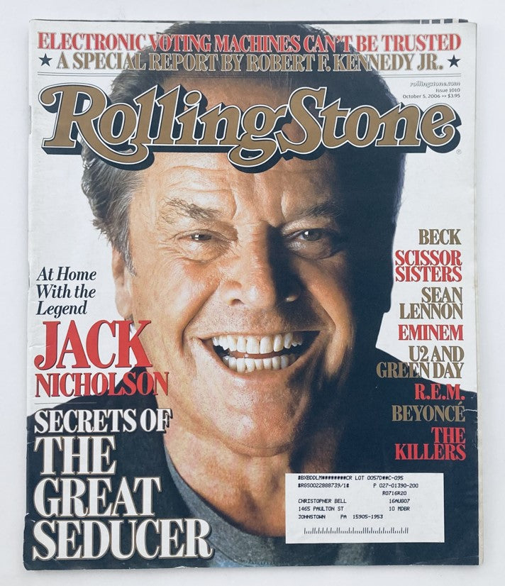 Rolling Stone Magazine October 5 2006, Issue 1010, featuring a smiling Jack Nicholson on the cover, highlighting his status as a cultural icon and actor.