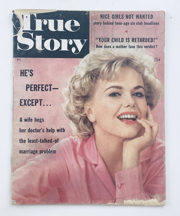 May 1959 True Story Magazine cover featuring a smiling woman in a pink blouse with a headline about a wife seeking her doctor's help for marriage problems.
